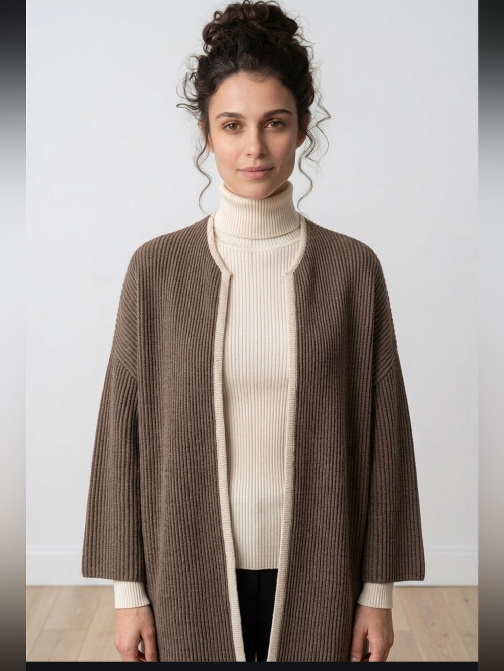 MarlaWynne Taupe Ribbed Open-Front Cardigan with Cream Trim